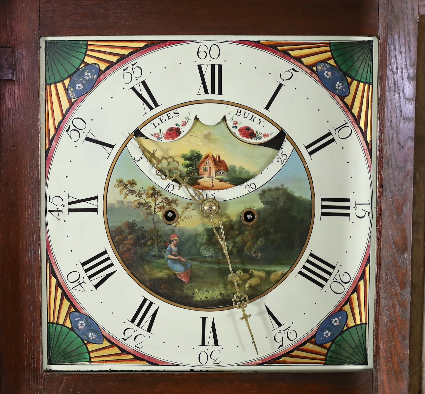 Lees of Bury. A William IV boxwood strung mahogany eight day longcase clock, W.60cm H.235cm